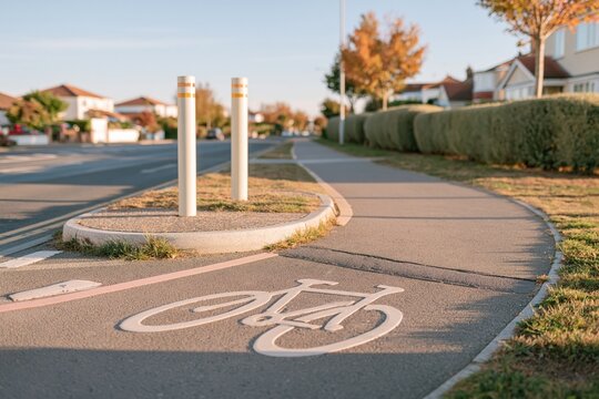 Sage green cycle path with coarse asphalt texture and white bollards, featuring a painted bicycle icon for urban mobility and traffic-calming infrastructure