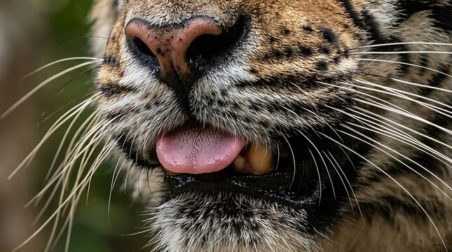 Macro view of tiger muzzle sticking out tongue