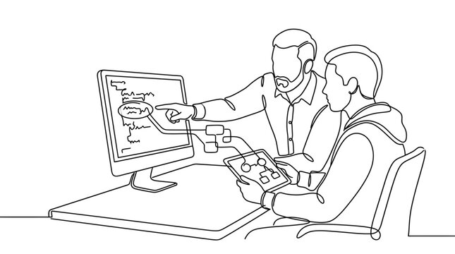 Continuous line drawing of two male software developers working together on a computer project.