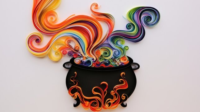 Halloween paper quilling concept. Black cauldron with colorful swirling smoke and fire-like patterns below