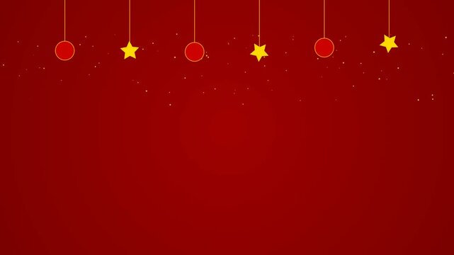 Minimalist Christmas Background with Red Hanging Ornaments and Glowing Yellow Stars Motion Graphics
