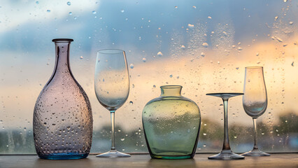 Fototapeta premium Glass bottles and empty wine glasses on a wet window sill with rain drops and blurry urban background at sunset.