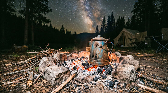 a rusted tin coffee pot sitting on top of a pile of smoldering charcoal embers surrounded by small rocks and dry twigs in an open campsite setting under a clear starry night sky