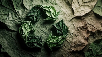 Fototapeta premium Green recycling symbol formed from textured leaves rests on a natural surface. Symbolizes eco friendly practices and natural resource conservation. Represents sustainability and organic growth.