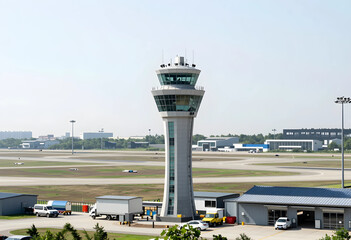 Naklejka premium Air traffic control tower at a modern airport, aviation industry and global travel infrastructure, transportation and logistics