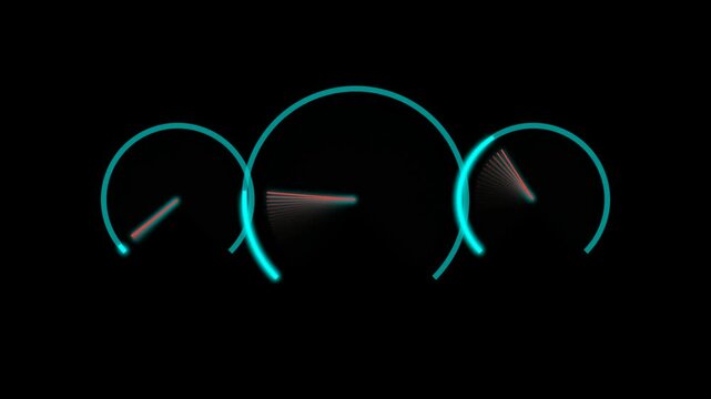 Neon Dashboard Gauges Animation Featuring Pulsing Blue Light Rings and Motion Blur Speed Effects