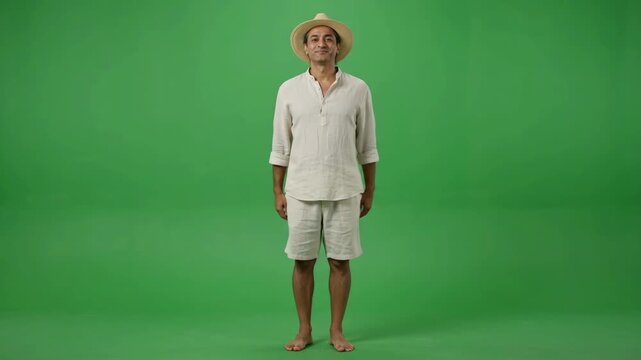 Full body shot of a man in a straw hat and linen clothes standing on a green screen, looking up.