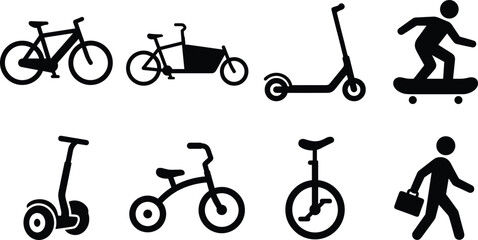 Personal transportation silhouettes featuring bicycle, scooter, skateboard, Segway, tricycle, unicycle, and walking commuter icons © Rokon