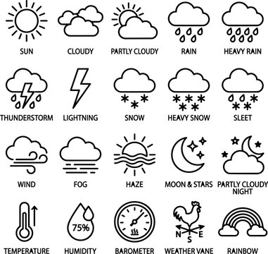 Black outline weather icons with labels are arranged in a grid on a white background.