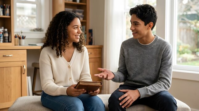 Students, teenagers and studying at home with book for learning, education and school project. Friends, talk and communication in living room with connection, discussion, youth and high school life