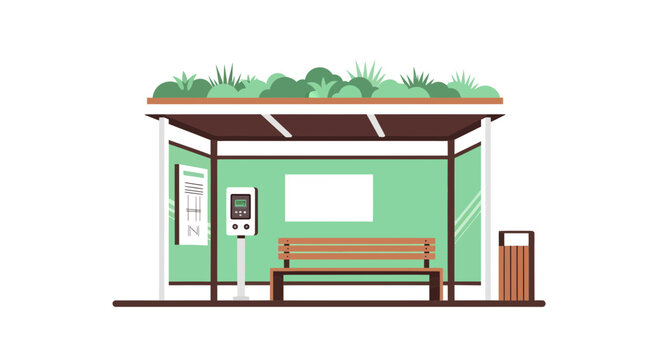 Modern Sustainable Bus Stop Illustration with Green Living Roof, Wooden Bench and Info Kiosk. Eco-Friendly Urban Transport Station Vector Design on White Background.
