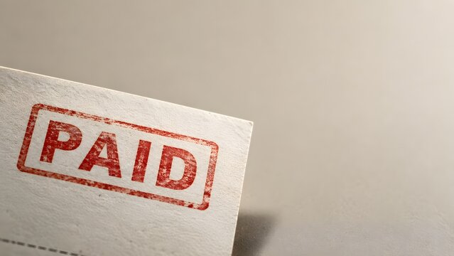 Close up of paper receipt stamped with red PAID mark