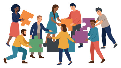 Obraz premium Diverse group of business people connecting large colorful puzzles.