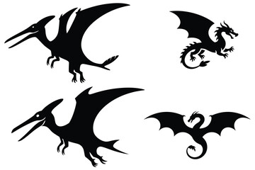 Black silhouettes of pterodactyls and dragons against a white background © MDHASAN