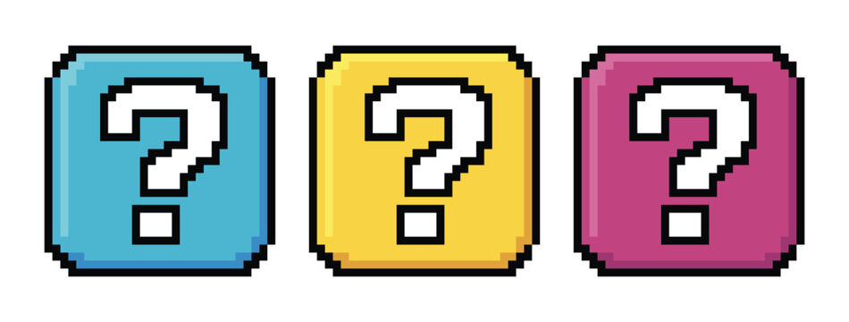 Three pixelated Question Mark Icons: A trio of pixelated question mark icons, rendered in vibrant blue, yellow, and pink, presented in a row, symbolizing curiosity, mystery, or an unknown choice.