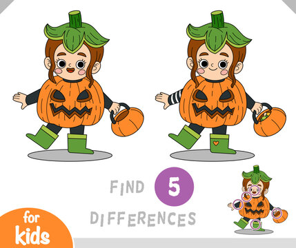 Cute character girl in a pumpkin costume. Spot the differences game for kindergarten and preschool children. Halloween worksheet for kids