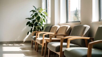 Fototapeta premium Row of empty chairs in bright, sunlit waiting room with large potted plant. Natural light streams through windows, creating calm, clean atmosphere. Perfect for medical, dental, therapy office