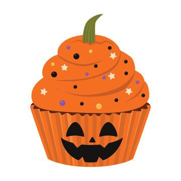 Pumpkin-shaped Halloween cupcake. Vector illustration isolated on a white background