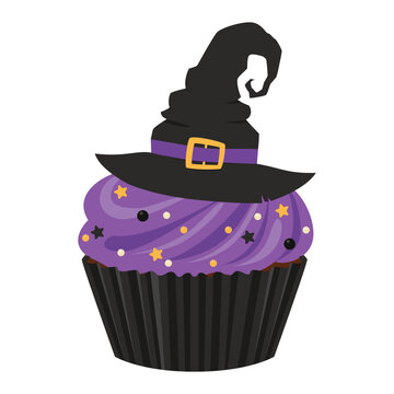 Halloween cupcake decorated with frosting and a witch's hat. Vector illustration isolated on a white background