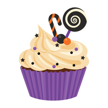 Halloween cupcake decorated with frosting, a lollipop, and a candy cane. Vector illustration isolated on a white background