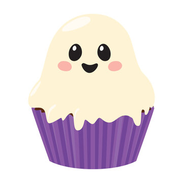 Ghost-shaped Halloween cupcake. Vector illustration isolated on a white background