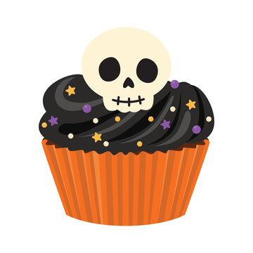 Halloween cupcake decorated with frosting and a skull. Vector illustration isolated on a white background