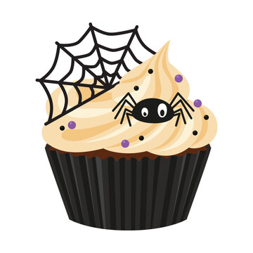 Halloween cupcake decorated with frosting, a spiderweb, and a spider. Vector illustration isolated on a white background