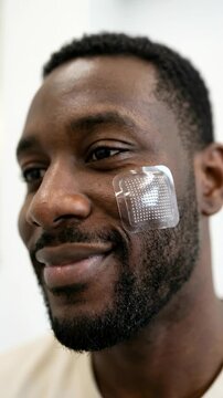 A close-up shot of a Black man with a slight smile, showcasing a clear bandage on his cheek, hinting at a minor injury or medical procedure, captured with sharp detail.