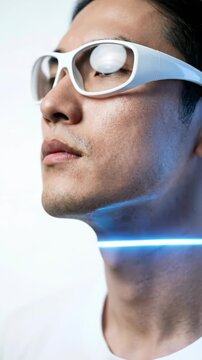 A man with sleek white augmented reality glasses gazes upward, a futuristic blue light strip accentuating his sharp features, embodying innovation and advanced technology.