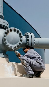 South Asian woman surveyor crouching at a valve station, using a sampling probe on a weathered industrial flange for leak detection and plant inspection, with copy space