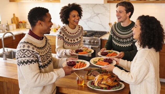 Diverse group of friends celebrating Thanksgiving dinner in a kitchen, holding plates of roasted turkey and vegetables for holiday meal, winter hosting and social gathering