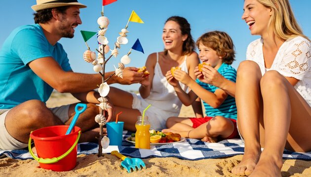 Happy family and friends enjoying a picnic on a sunny beach, group of people eating snacks and laughing on a blanket for summer vacation and leisure travel