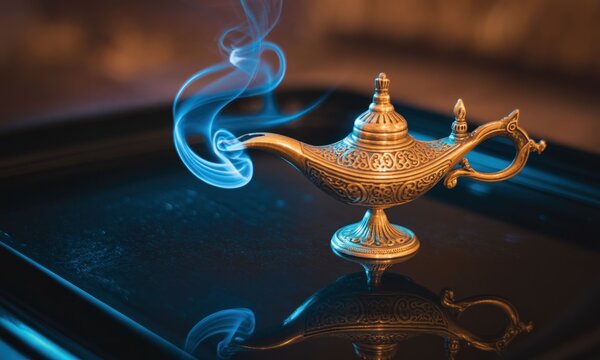 Antique golden magic lamp with blue smoke on a dark tray
