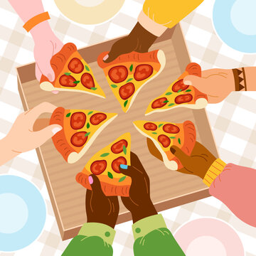 Happy diverse friends enjoying a pizza picnic together. Colorful flat illustration with men and women of different skin tones reaching for pizza slices from a box. Outdoor gathering scene