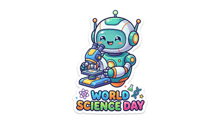 Fototapeta premium Cute Cartoon Robot Character Using Microscope for World Science Day Celebration Vector Sticker