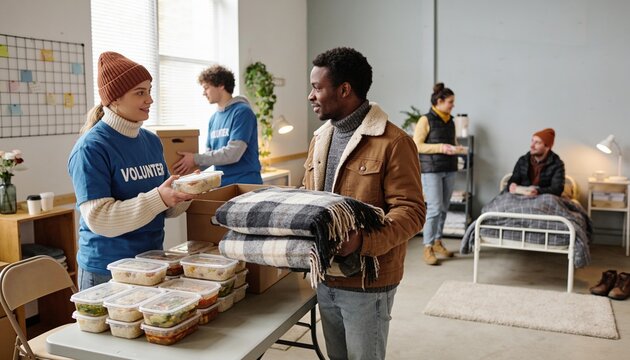 Diverse volunteers distributing food and blankets to people in a community shelter, charity donation and humanitarian aid for social welfare and support