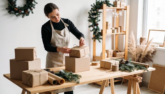Young woman wrapping cardboard gift boxes with twine in a festive workshop, preparing holiday orders for small business shipping and sustainable Christmas gift giving