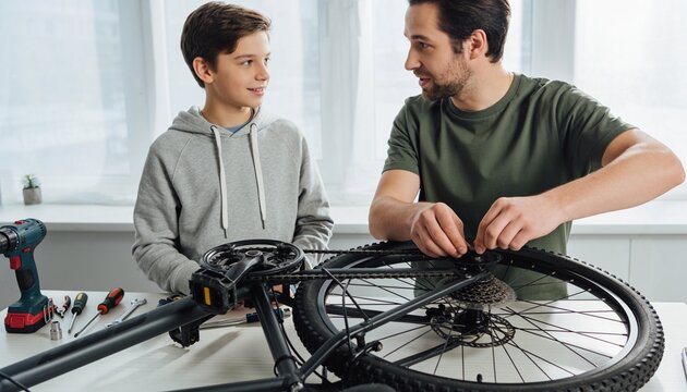 Father and son repairing a bicycle together in a bright workshop, man teaching teenage boy how to fix a bike chain for hobby and family bonding