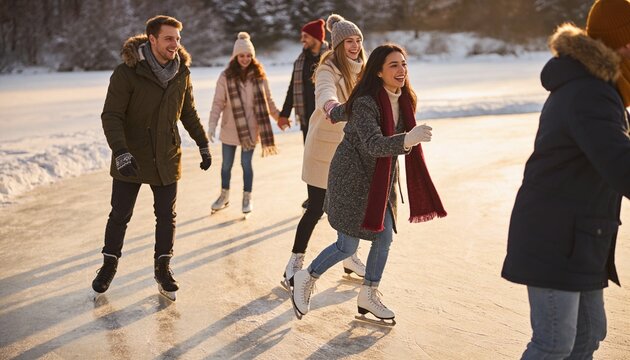 Happy group of diverse friends ice skating on a frozen lake during golden hour in winter, young adults enjoying outdoor recreation and seasonal activity together