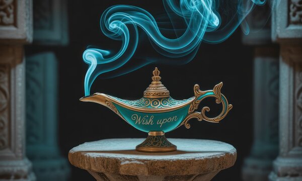 Antique-style magic lamp with blue smoke, "Wish upon" text