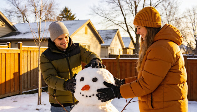 Young couple building a snowman in their snowy backyard on a sunny winter day, happy man and woman enjoying seasonal outdoor activity and holiday fun at home