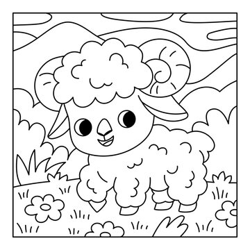 Coloring book for children with cute sheep in mountain meadow with green hills and nature. Black and white outline illustration for preschool and kindergarten kids. Square printable worksheet