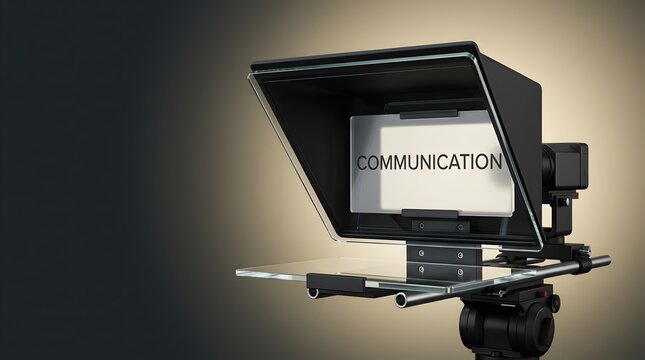 Teleprompter, media and communication with script for broadcasting, news anchor and public speaking. Television production, speech and studio equipment with display, prompter and video recording.