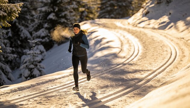 Young woman running on a snowy forest trail at golden hour, winter fitness and outdoor exercise for healthy lifestyle and endurance training