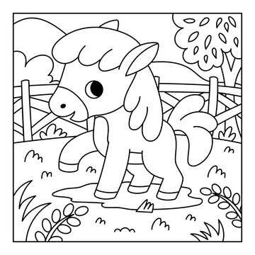 Coloring book for children with cute horse on farm with grazing meadow and wooden fence. Black and white outline illustration for preschool and kindergarten kids. Square printable worksheet