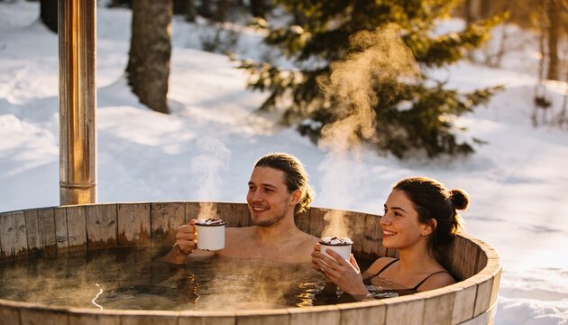 Young couple relaxing in a wooden outdoor hot tub in a snowy forest at sunset, drinking hot chocolate for winter wellness and romantic travel getaway