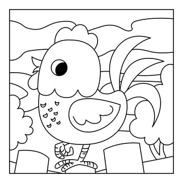 Coloring book for children with cute rooster character. Black and white outline illustration for preschool and kindergarten kids. Square printable worksheet about farm animals