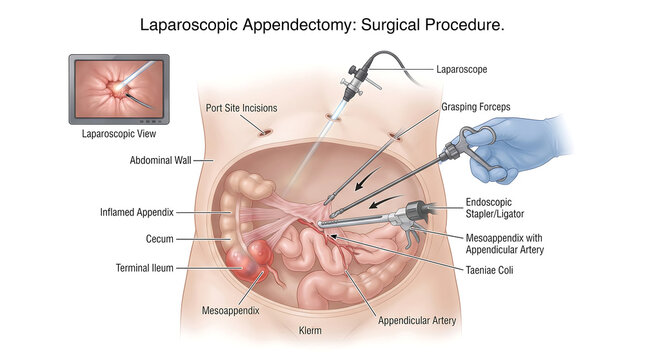 Laparoscopic appendectomy medical surgery diagram image .