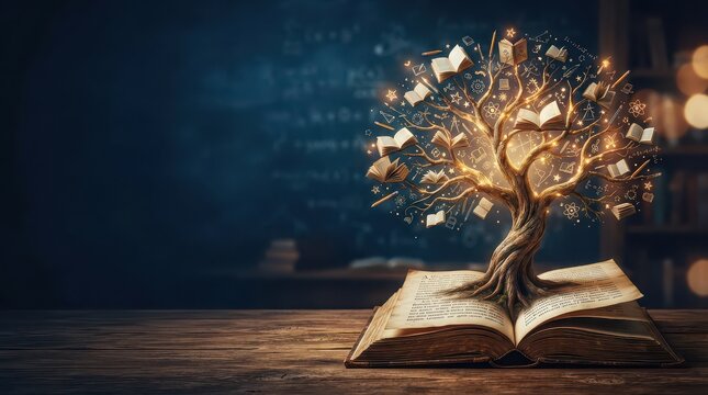 Tree of knowledge growing from an open book with glowing leaves and symbols education