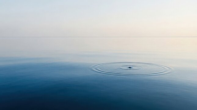 Single water drop creates ripples on the surface of calm blue water under a soft sky droplet splash